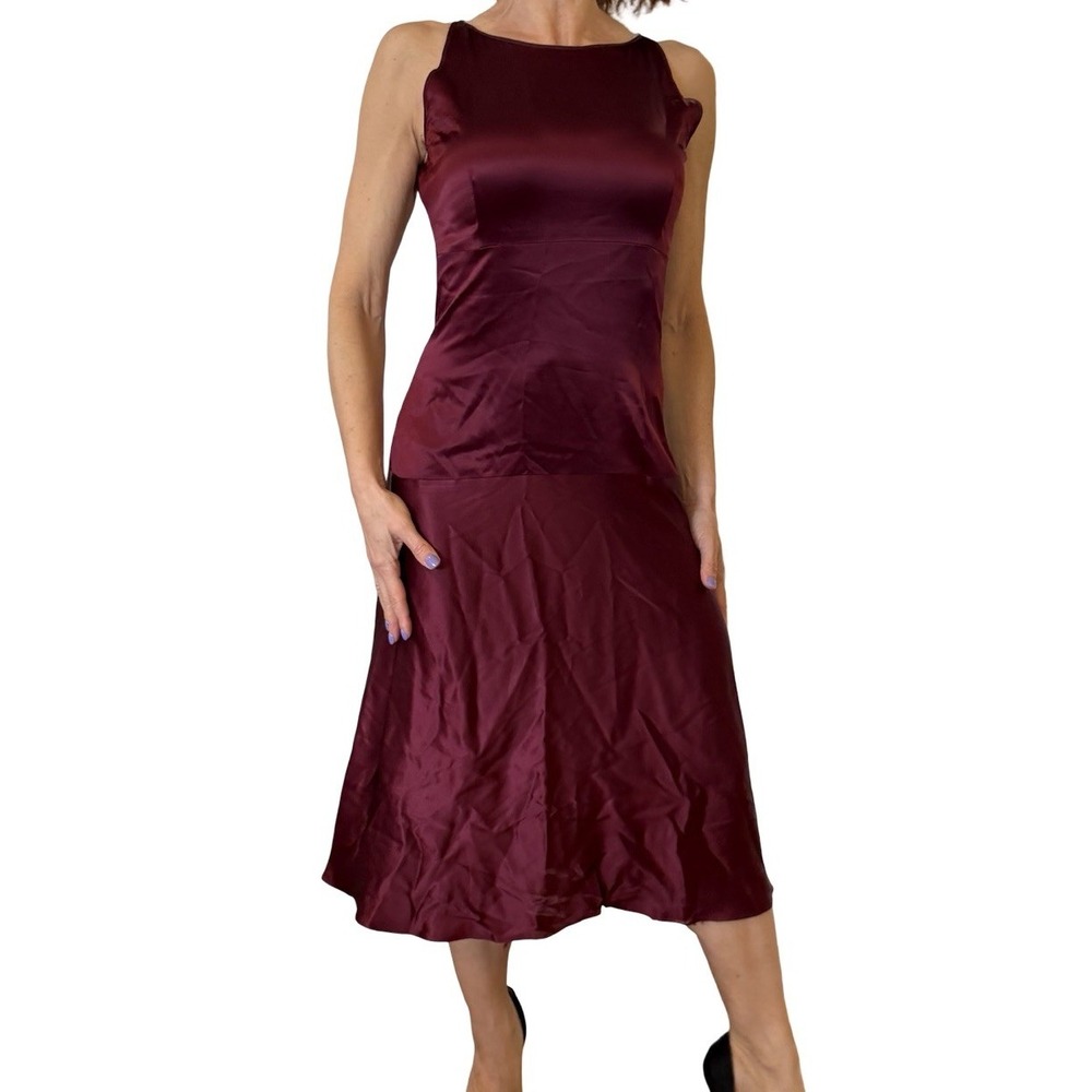 MORGANE LE FAY Burgundy Wine Silk Satin Sleeveless Dress Midi A line Cocktail S